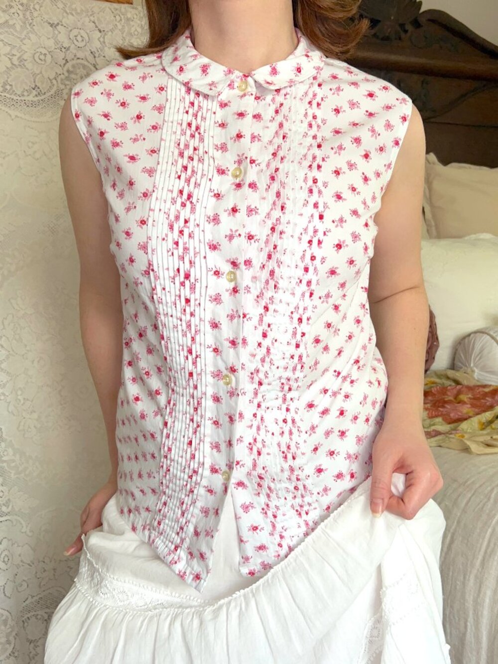 Vintage 60s-70s Ditsy Floral Pintuck Blouse, Retro Romantic Cottagecore Top